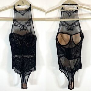 Victoria's Secret Women's Black and Cream Corset Halter Sheer Lace w garters